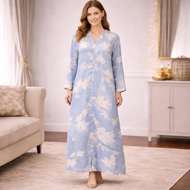 Artemea Women’s Floral Print Jalabiya | Premium Rayon | Button-Front Design | Full-Length Modest Wear